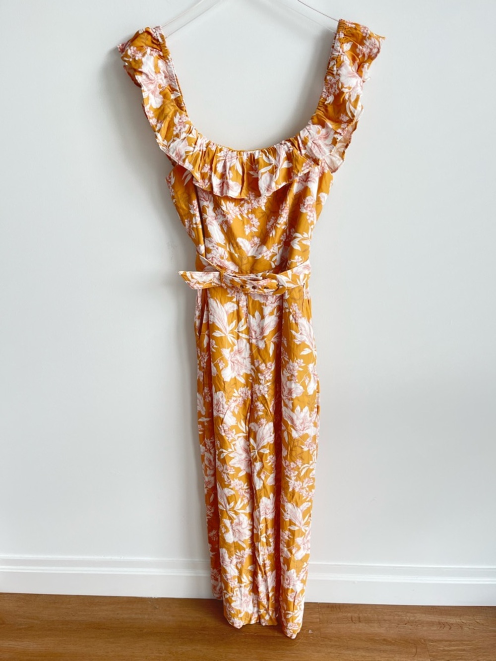 Ever New Samantha Belted Frill Jumpsuit Floral Ochre Tropical Sunset Size 8 - Picture 3 of 9